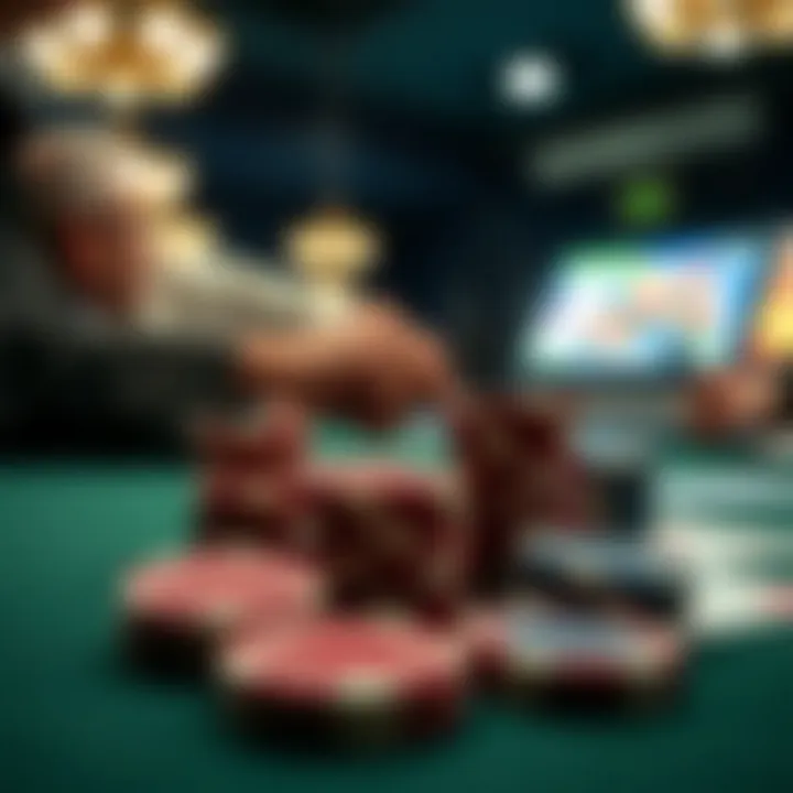 A close-up of poker chips and playing cards on a table