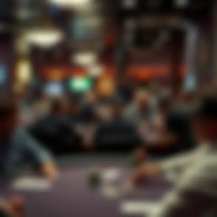 A bustling poker room filled with players engaged in intense games