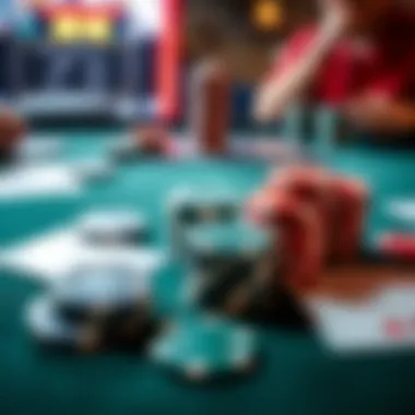 A close-up of poker chips and cards on a table during a game