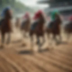 Diverse horses racing on a track