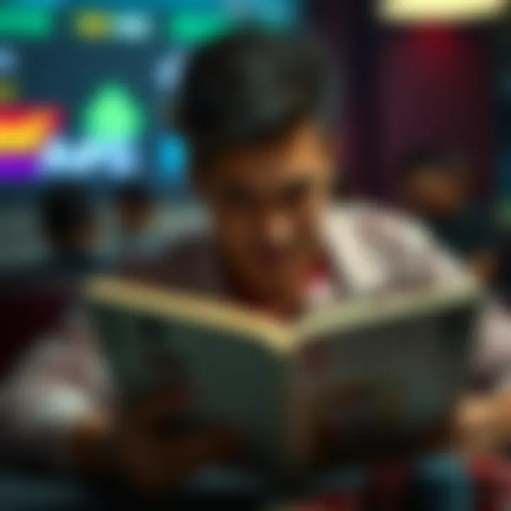 An individual deeply focused on reading a poker strategy book