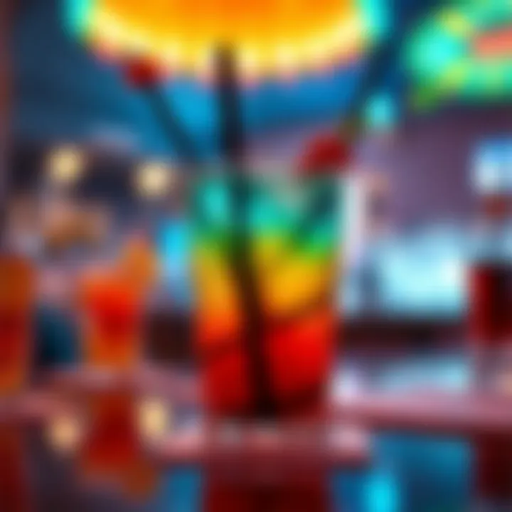 A close-up of a colorful long drink with decorative elements