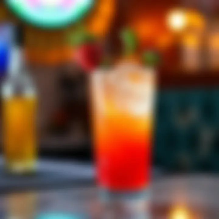 A vibrant cocktail garnished with fresh fruit and herbs