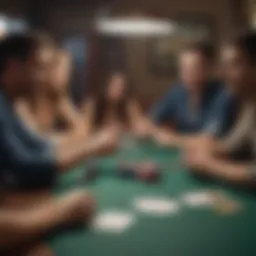 A group of friends enjoying a Texas Hold'em game around a table.
