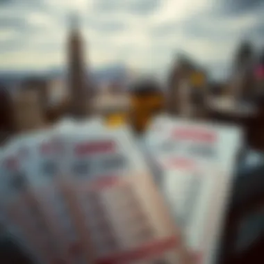 A collection of lottery tickets with a backdrop of New York skyline