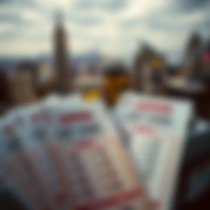 A collection of lottery tickets with a backdrop of New York skyline