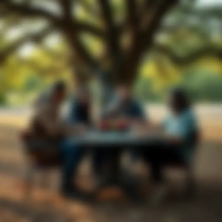 Gamers engaged in an outdoor setting surrounded by oak trees