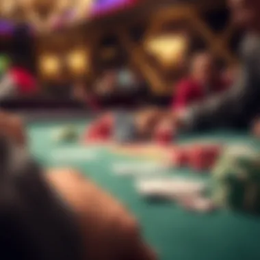 Close-up of a poker table with chips and cards
