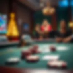 A stylized depiction of a poker table with chips and cards